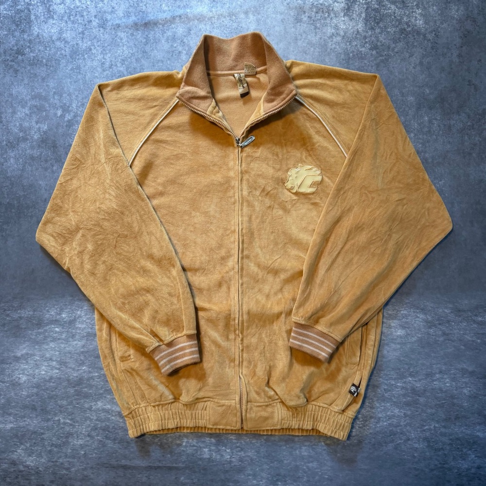 Vtg 90s Clench Jeans Essential Element Velour Track Jacket Tan Lion Men's L